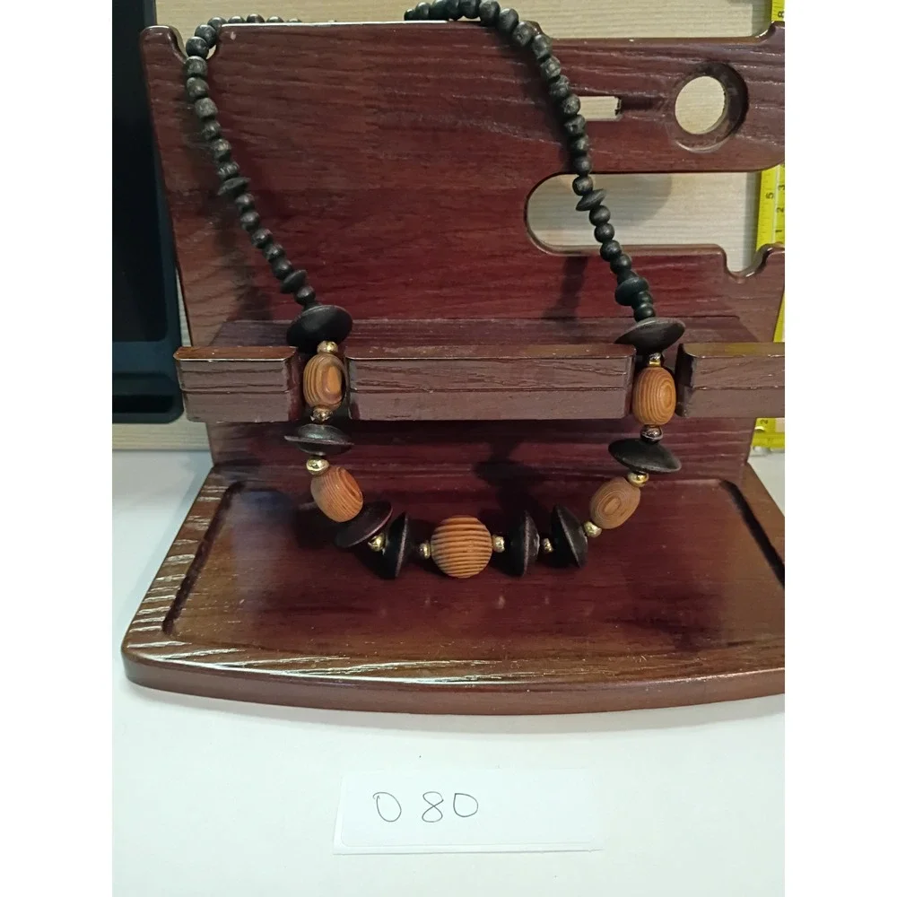 Vintage Chunky Wood Bead Statement Necklace Boho Earthy Brown Black Gold Tone
